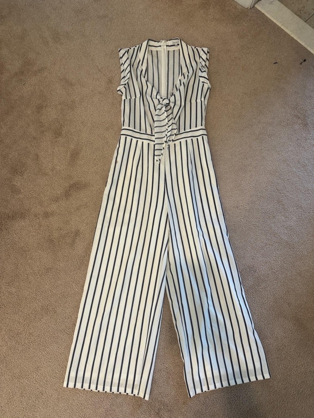 Lucy Paris White & Navy Striped Tie-Front Jumpsuit